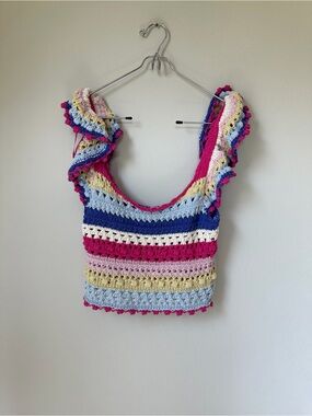 Zara Crochet Off-the-Shoulder Sweater in Pink, Blue & Cream